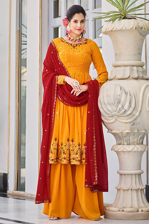 Mustard Yellow Georgette Thread And Sequins Embroidered Kurta Palazzo Set