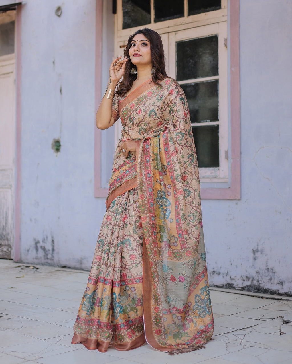 Printed Multicolor Linen Saree for Women with Multicolor Pallu and Ethnic Border – Lightweight Casual Wear