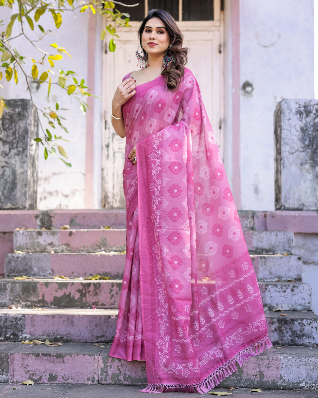 Elegant Pink Linen Saree with White Lotus Print & Silver Zari Border