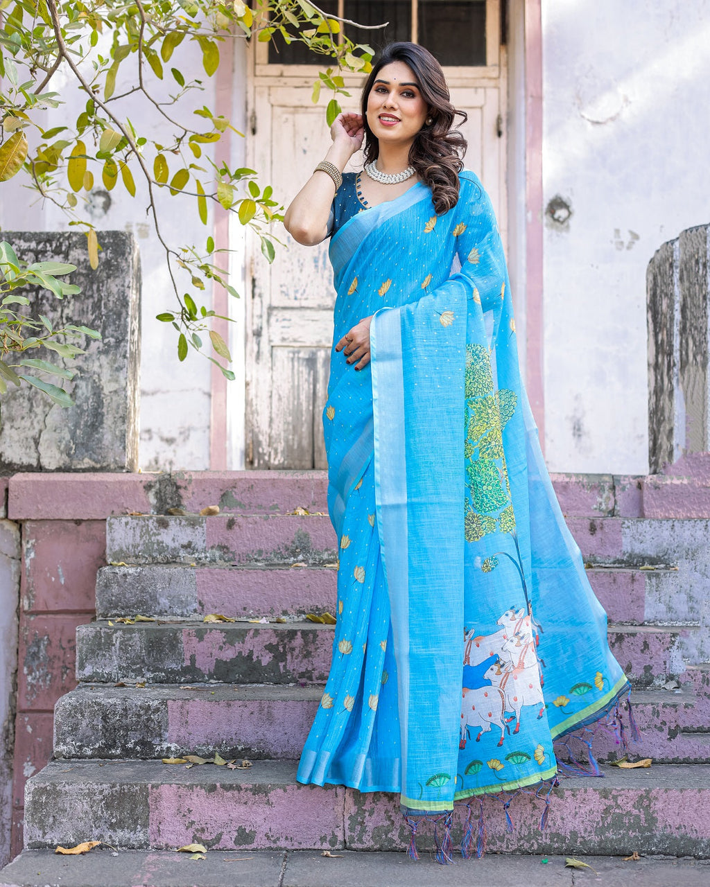 Elegant Sky Blue Linen Saree with White Lotus Print & Silver Zari Border