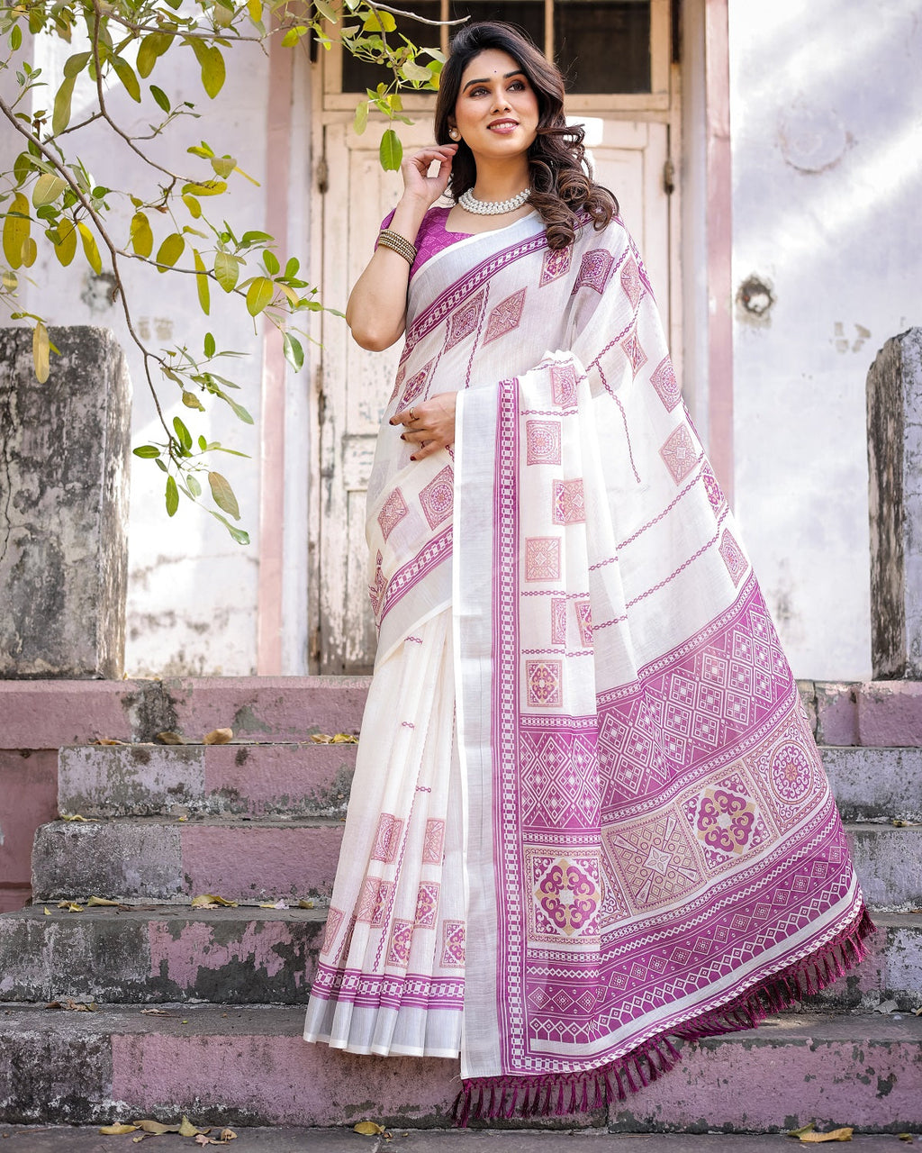 Elegant Off White Linen Saree with White Lotus Print & Silver Zari Border