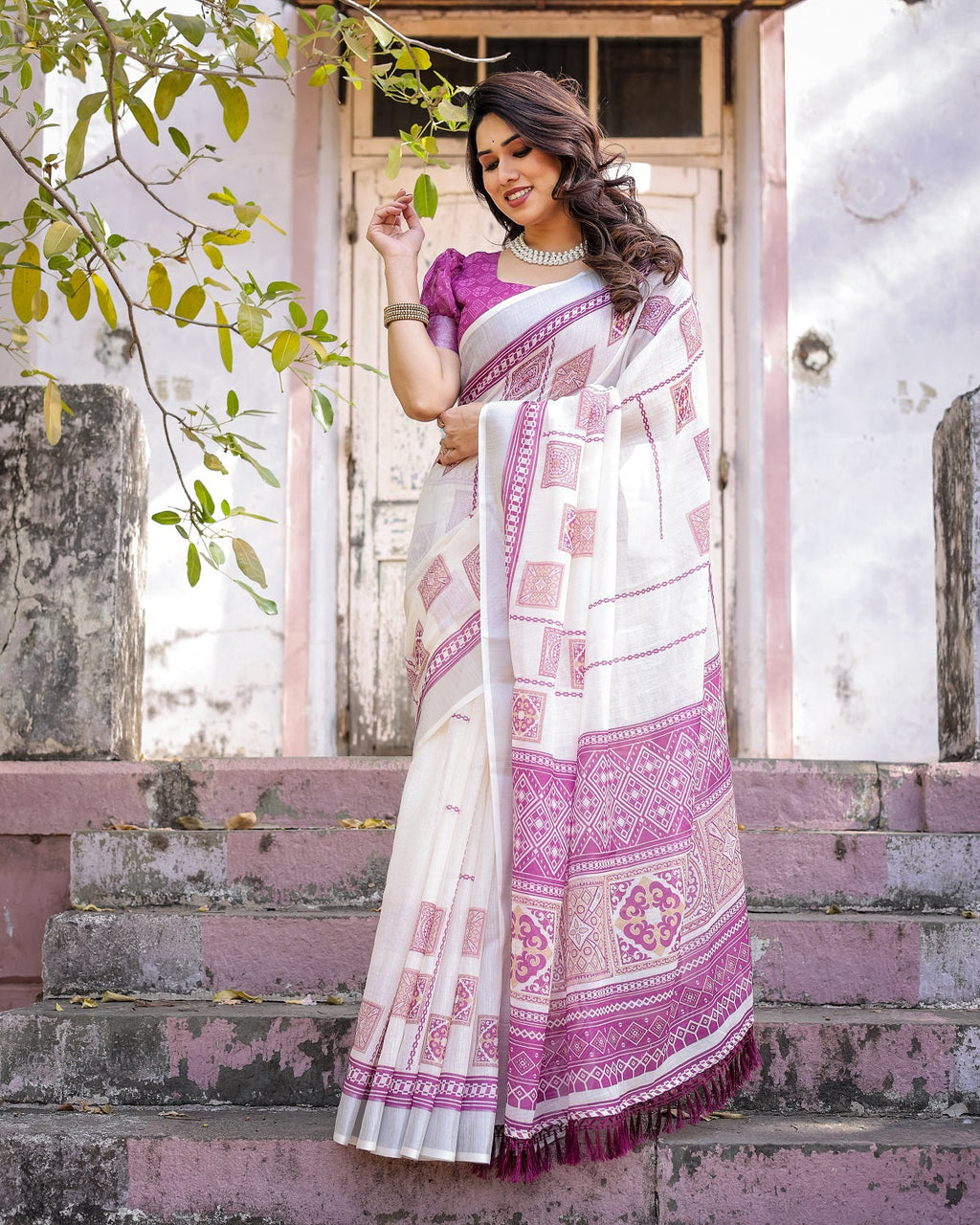Elegant Off White Linen Saree with White Lotus Print & Silver Zari Border