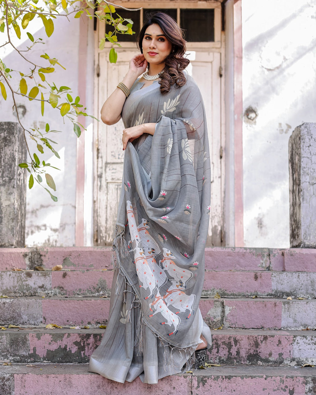 Elegant Grey Linen Saree with White Lotus Print & Silver Zari Border