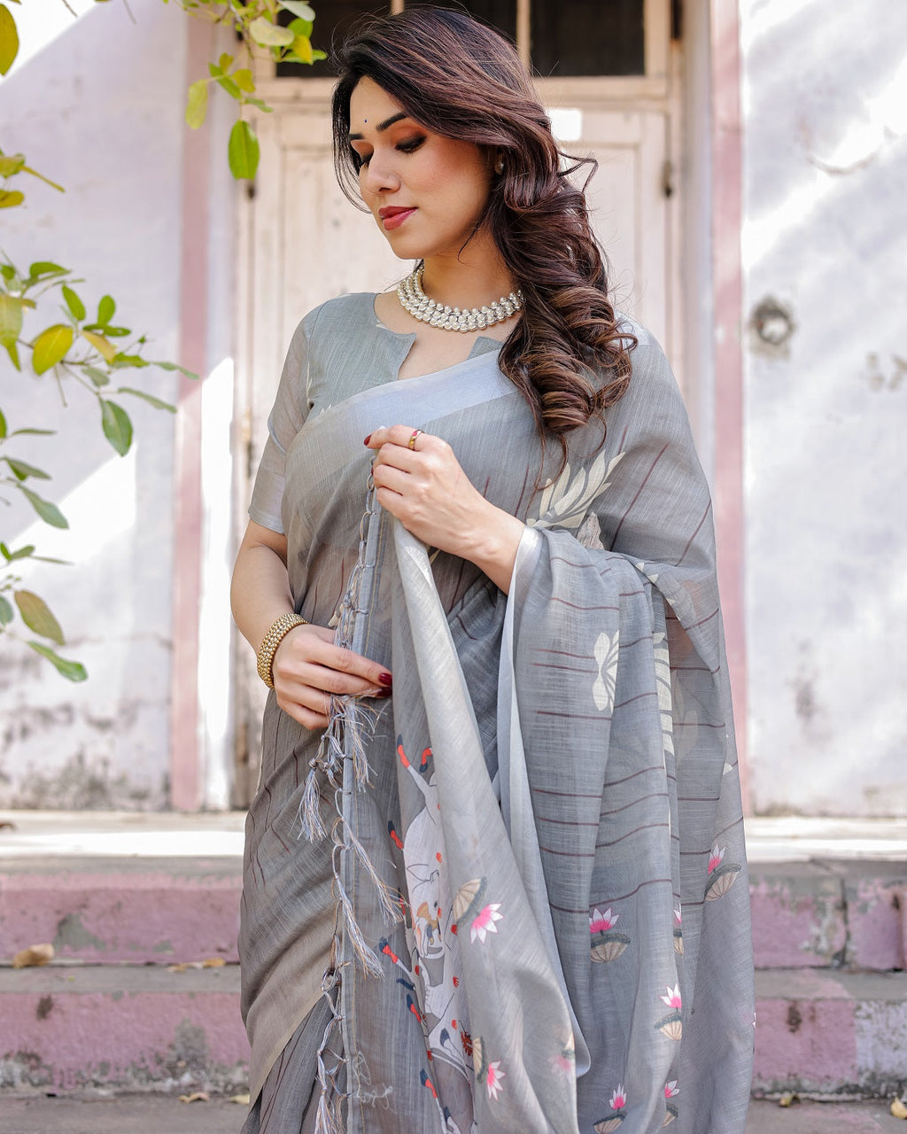 Elegant Grey Linen Saree with White Lotus Print & Silver Zari Border