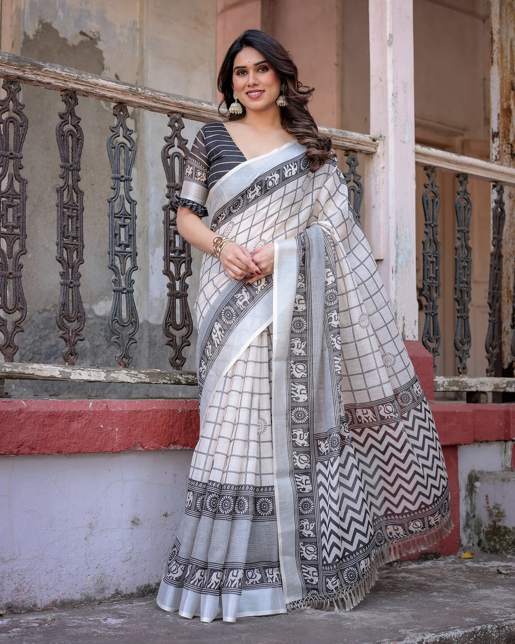 Elegant White Linen Saree with White Lotus Print & Silver Zari Border