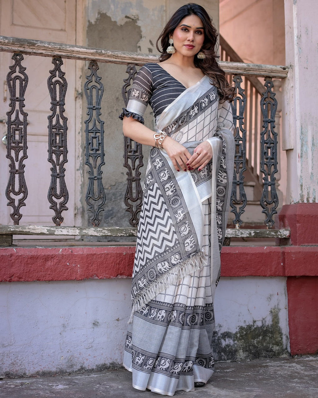 Elegant White Linen Saree with White Lotus Print & Silver Zari Border