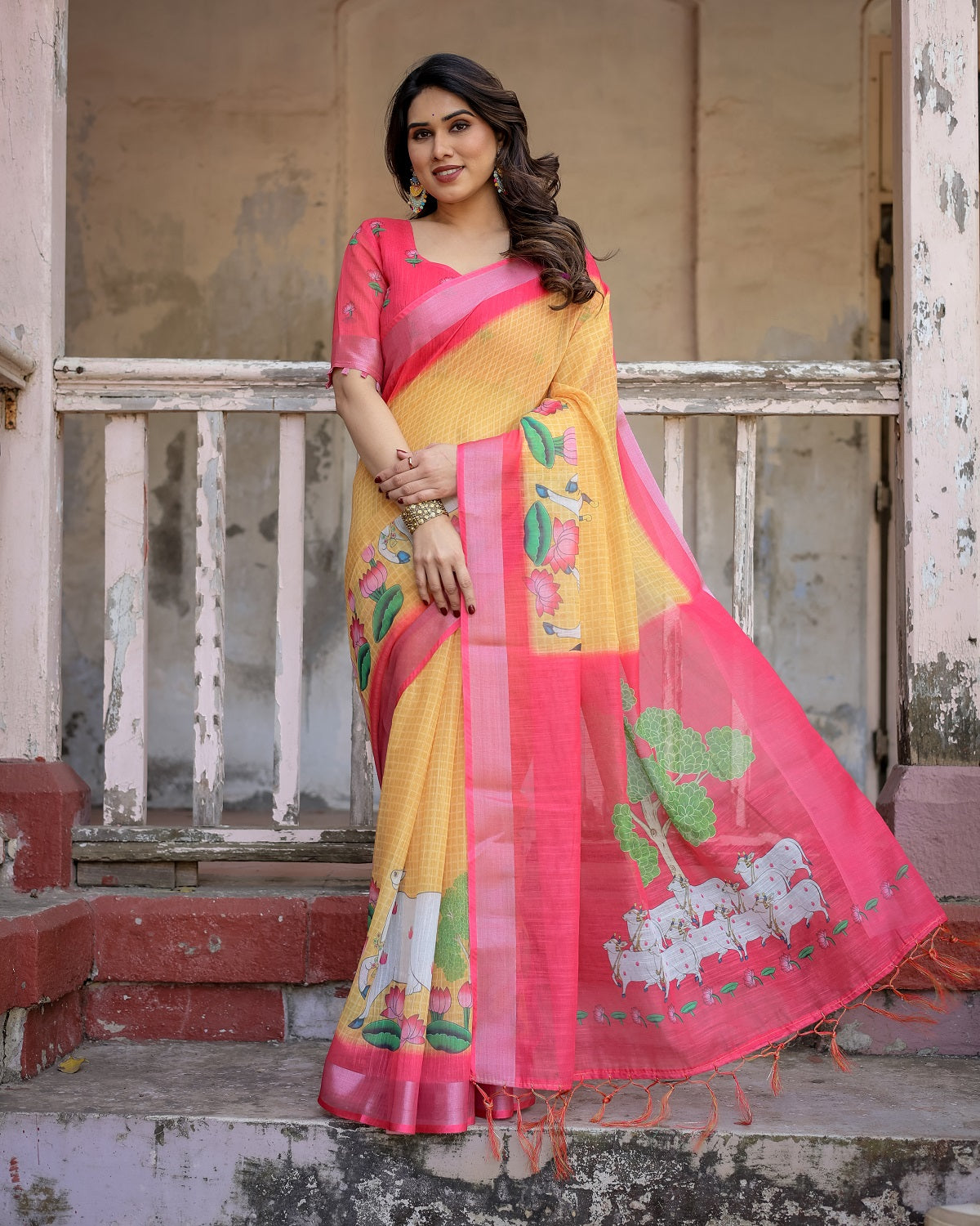 Elegant Multi-color Linen Saree with White Lotus Print & Silver Zari Border