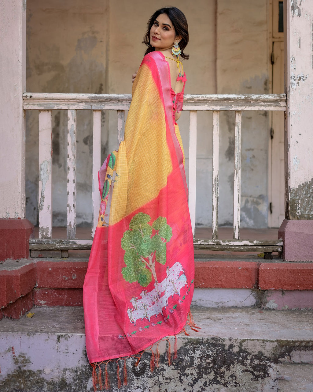 Elegant Multi-color Linen Saree with White Lotus Print & Silver Zari Border