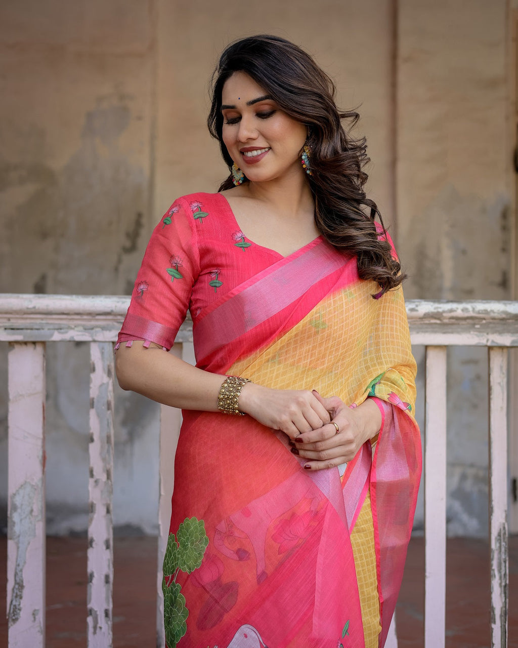 Elegant Multi-color Linen Saree with White Lotus Print & Silver Zari Border
