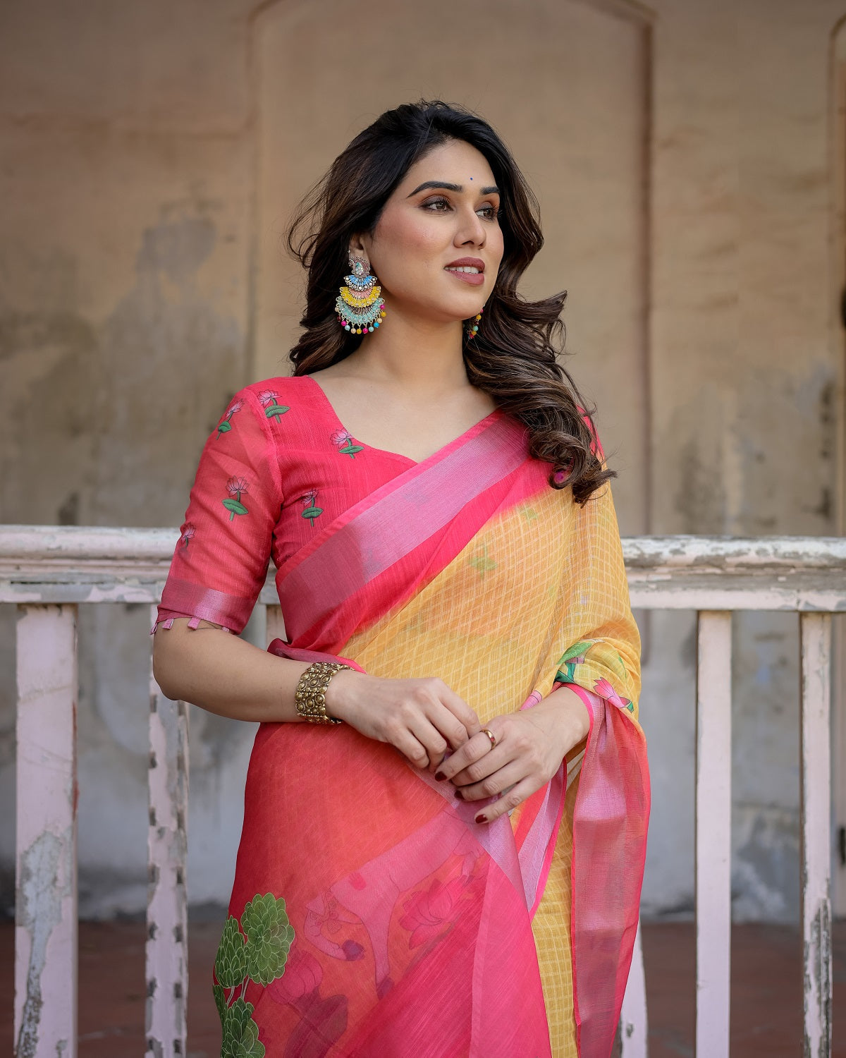 Elegant Multi-color Linen Saree with White Lotus Print & Silver Zari Border