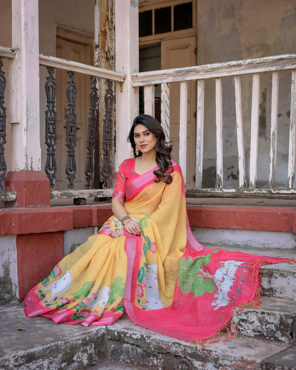 Elegant Multi-color Linen Saree with White Lotus Print & Silver Zari Border