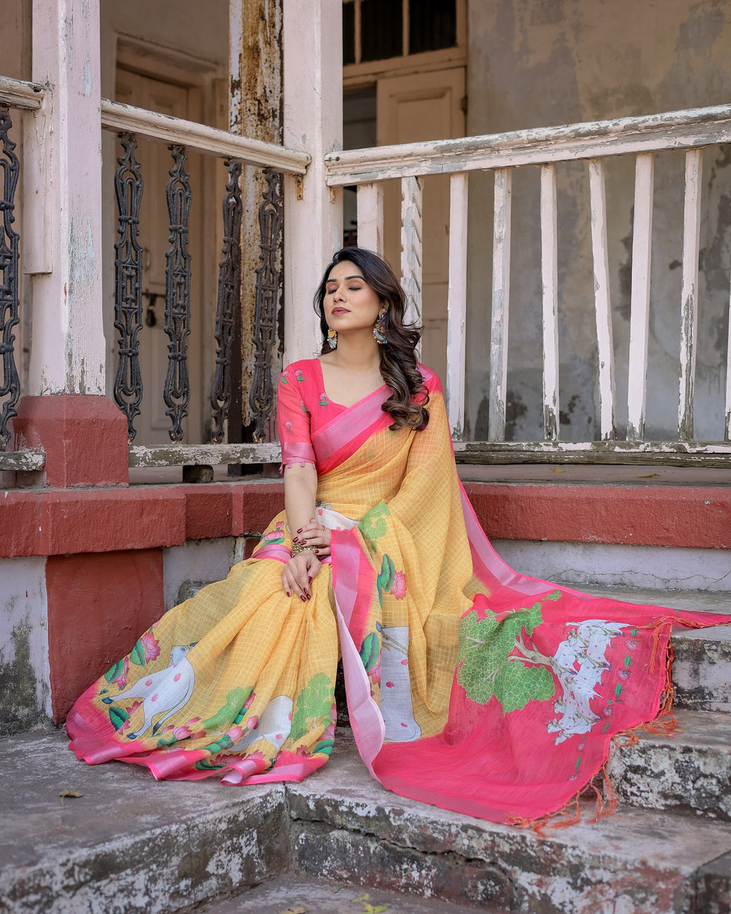 Elegant Multi-color Linen Saree with White Lotus Print & Silver Zari Border