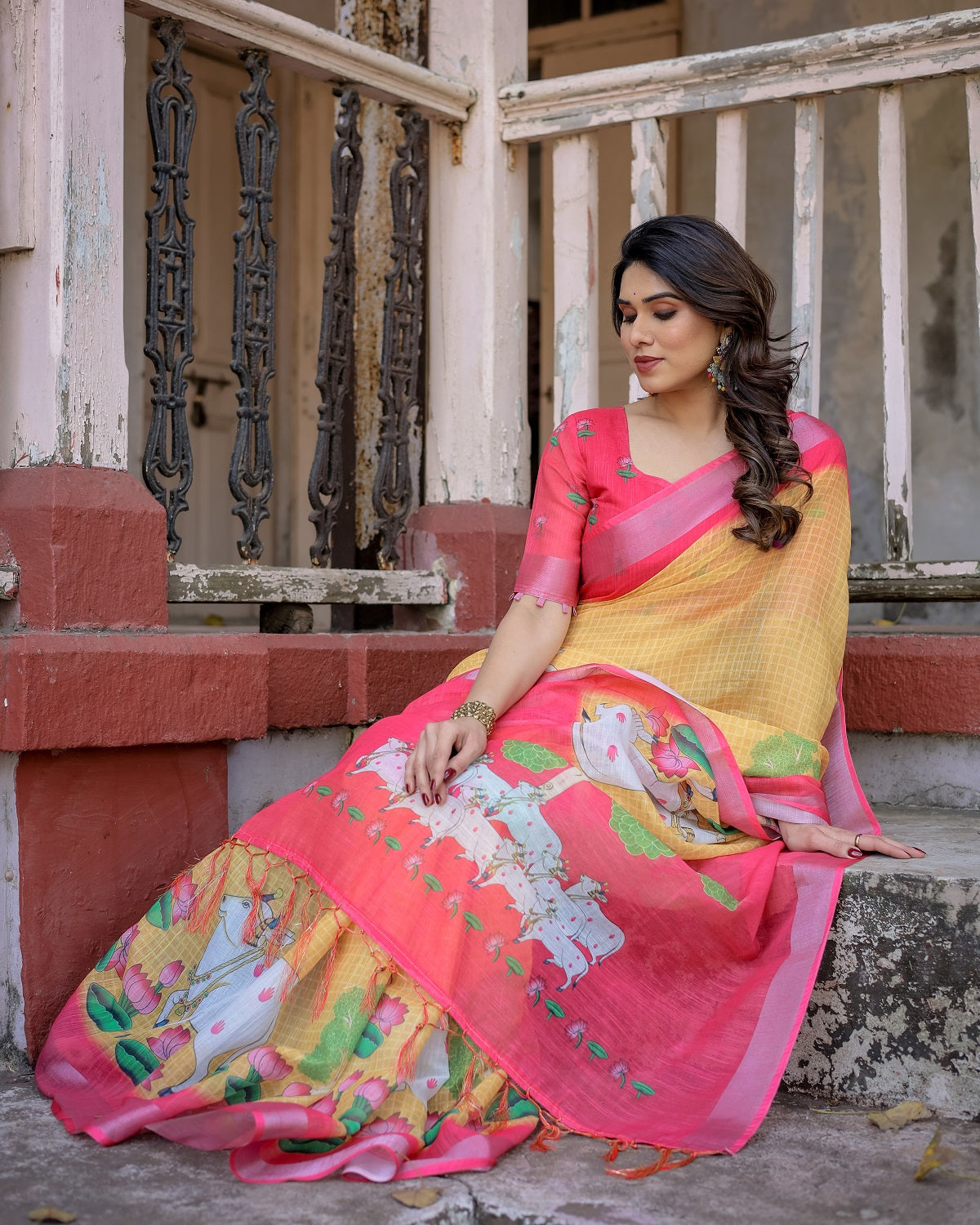 Elegant Multi-color Linen Saree with White Lotus Print & Silver Zari Border