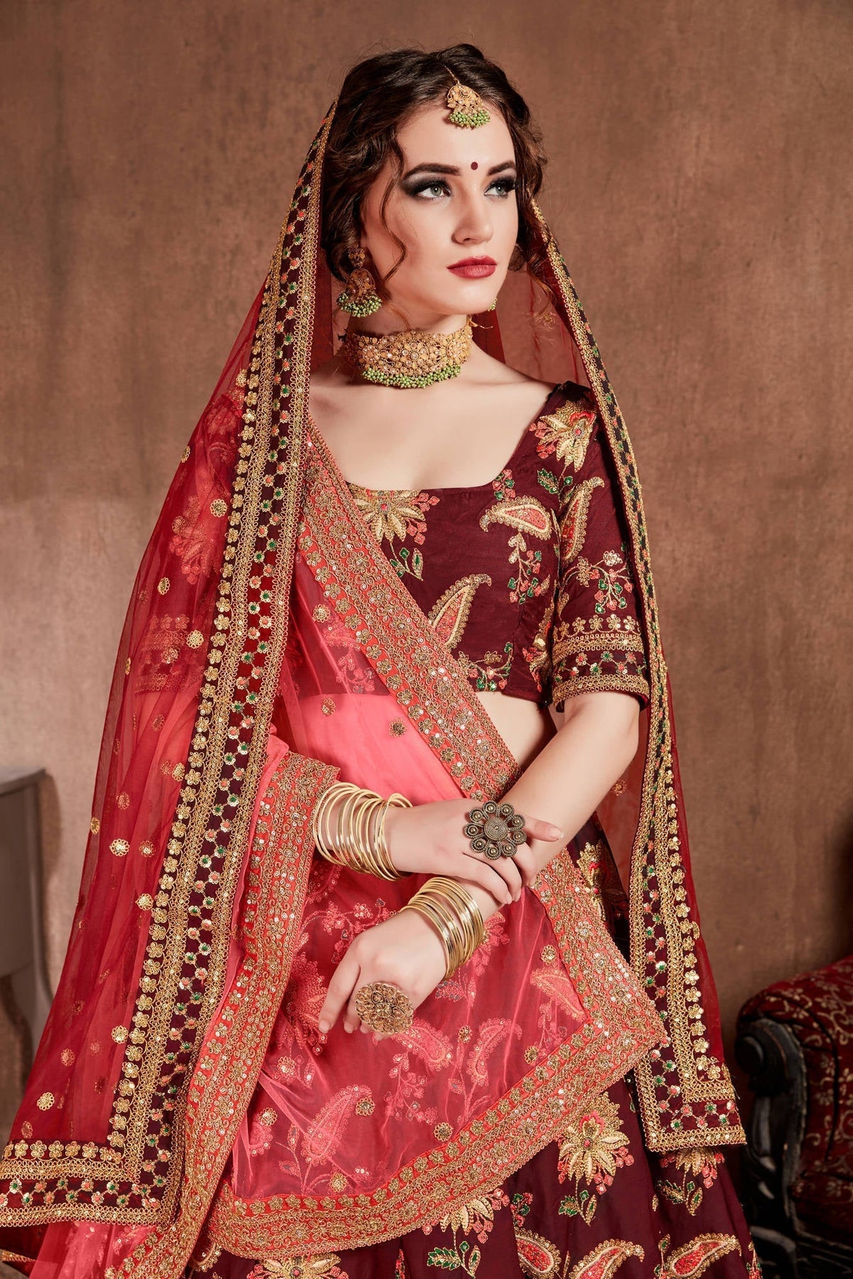Blooming Dark Maroon Colored Bridal Wear Designer Embroidered Lehenga choli