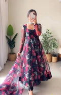 Navy Blue Anarkali Gown in Organza with Digital Print