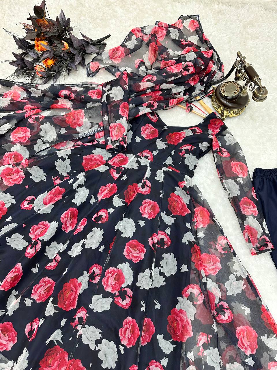 Navy Blue Anarkali Gown in Organza with Digital Print