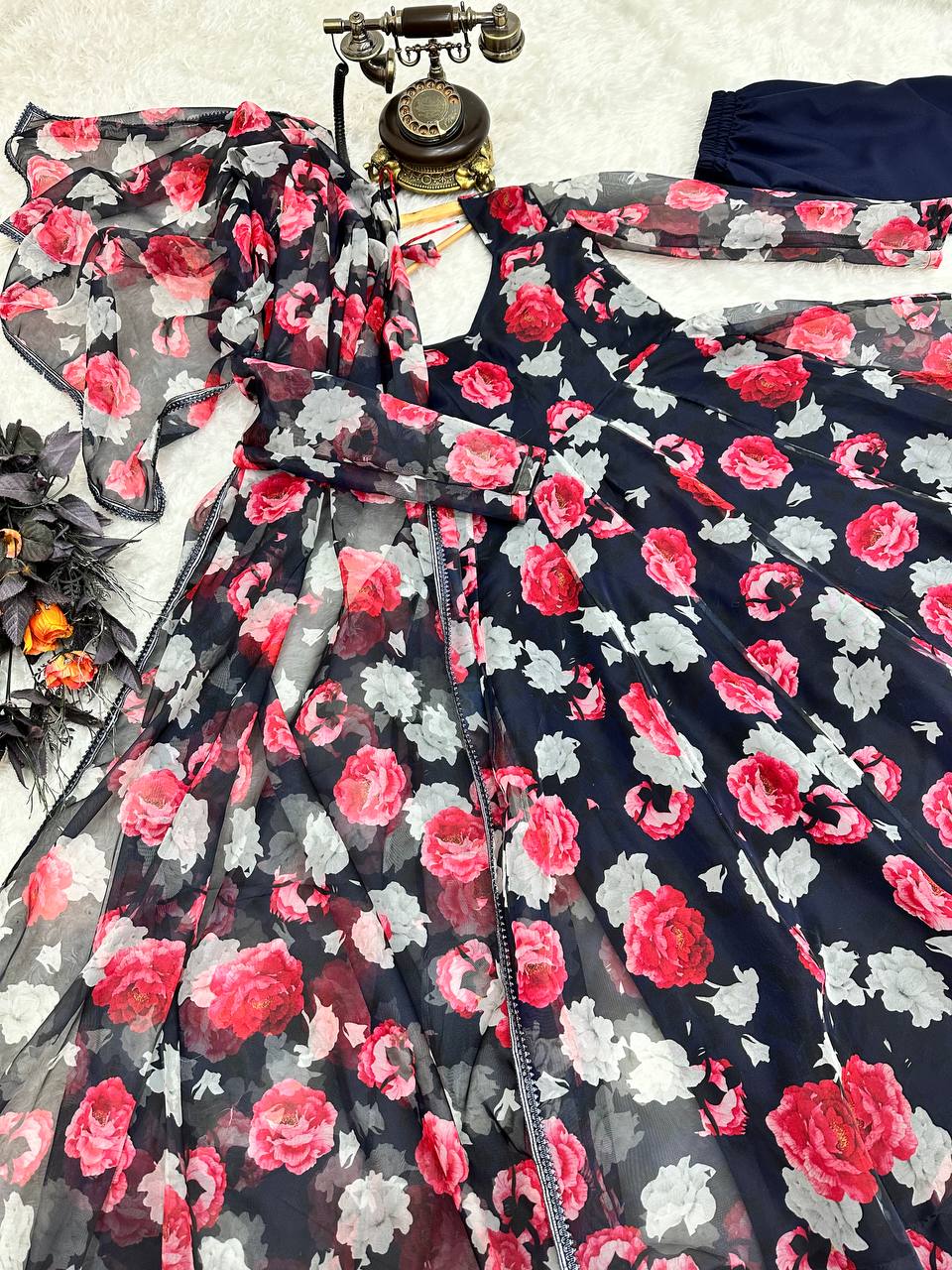 Navy Blue Anarkali Gown in Organza with Digital Print