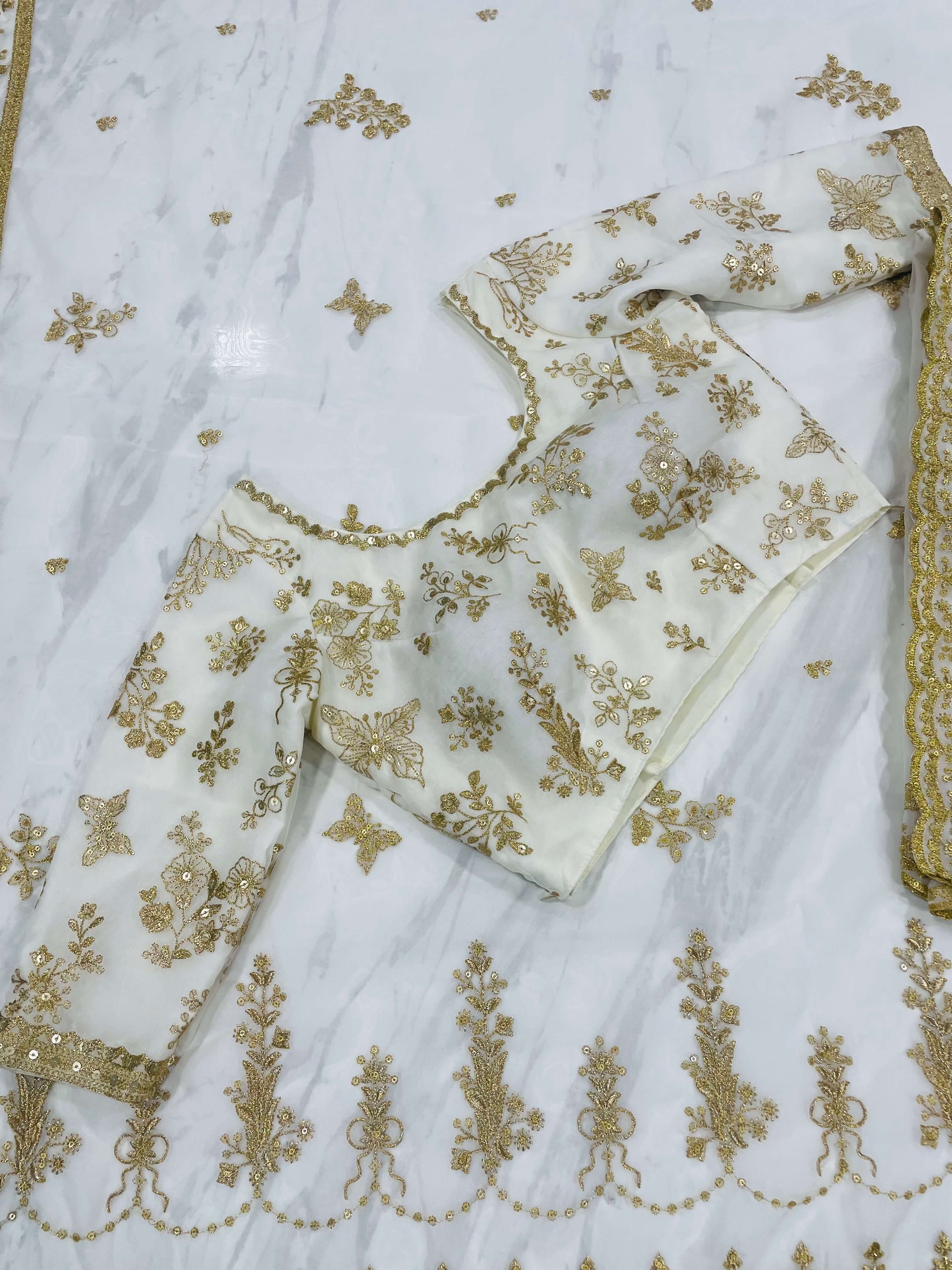 Off-White Half Sleeves Organza Silk Saree