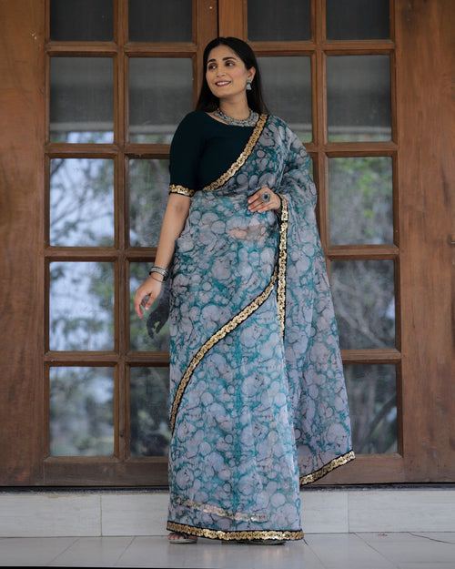 Off-white with Grey Lace Work Flower Print Organza Saree