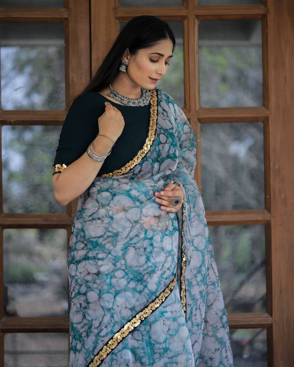 Off-white with Grey Lace Work Flower Print Organza Saree