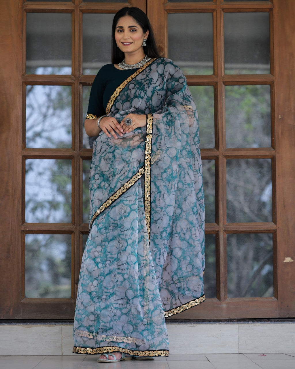 Off-white with Grey Lace Work Flower Print Organza Saree