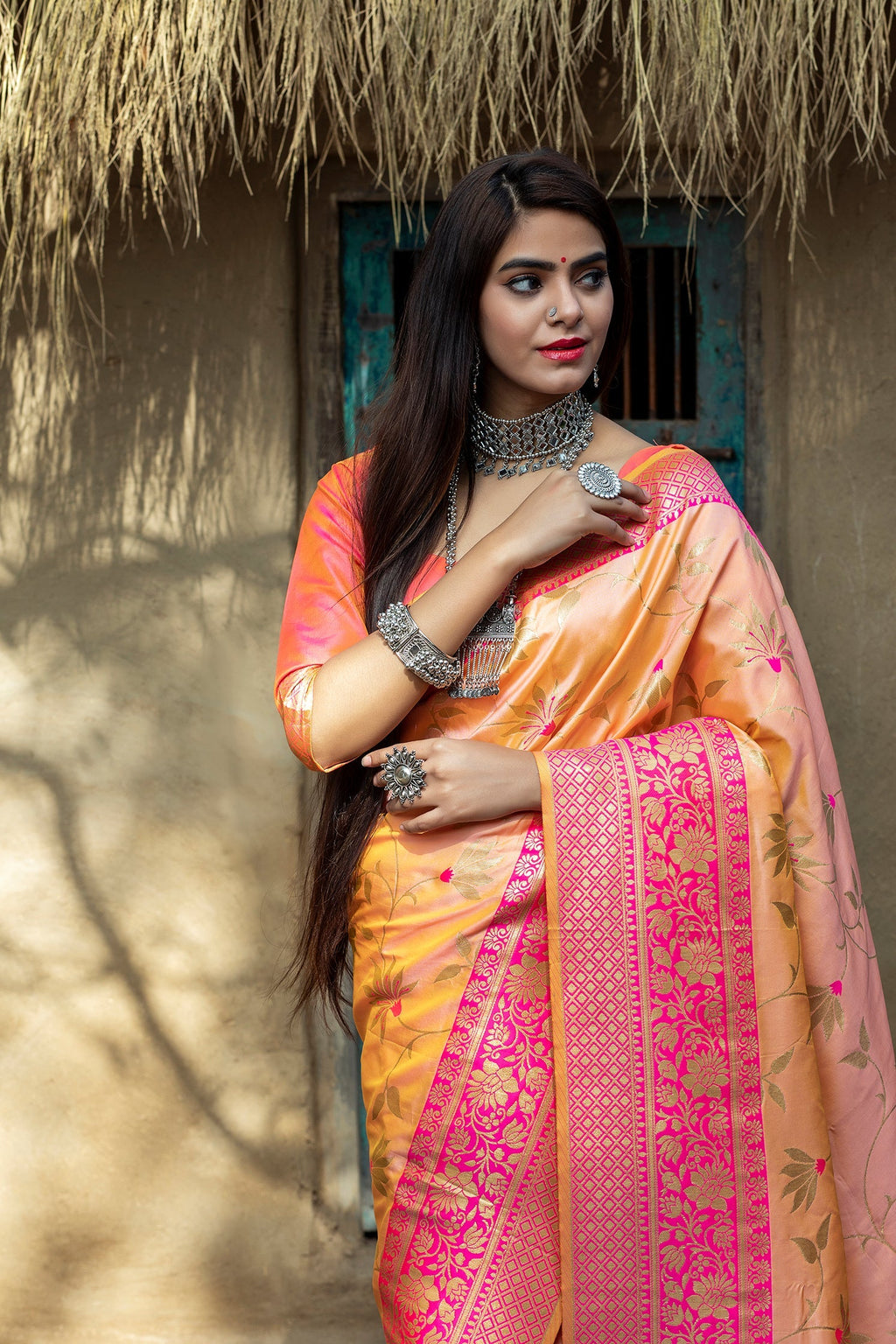 Orange Art Banarasi Silk Saree With Blouse