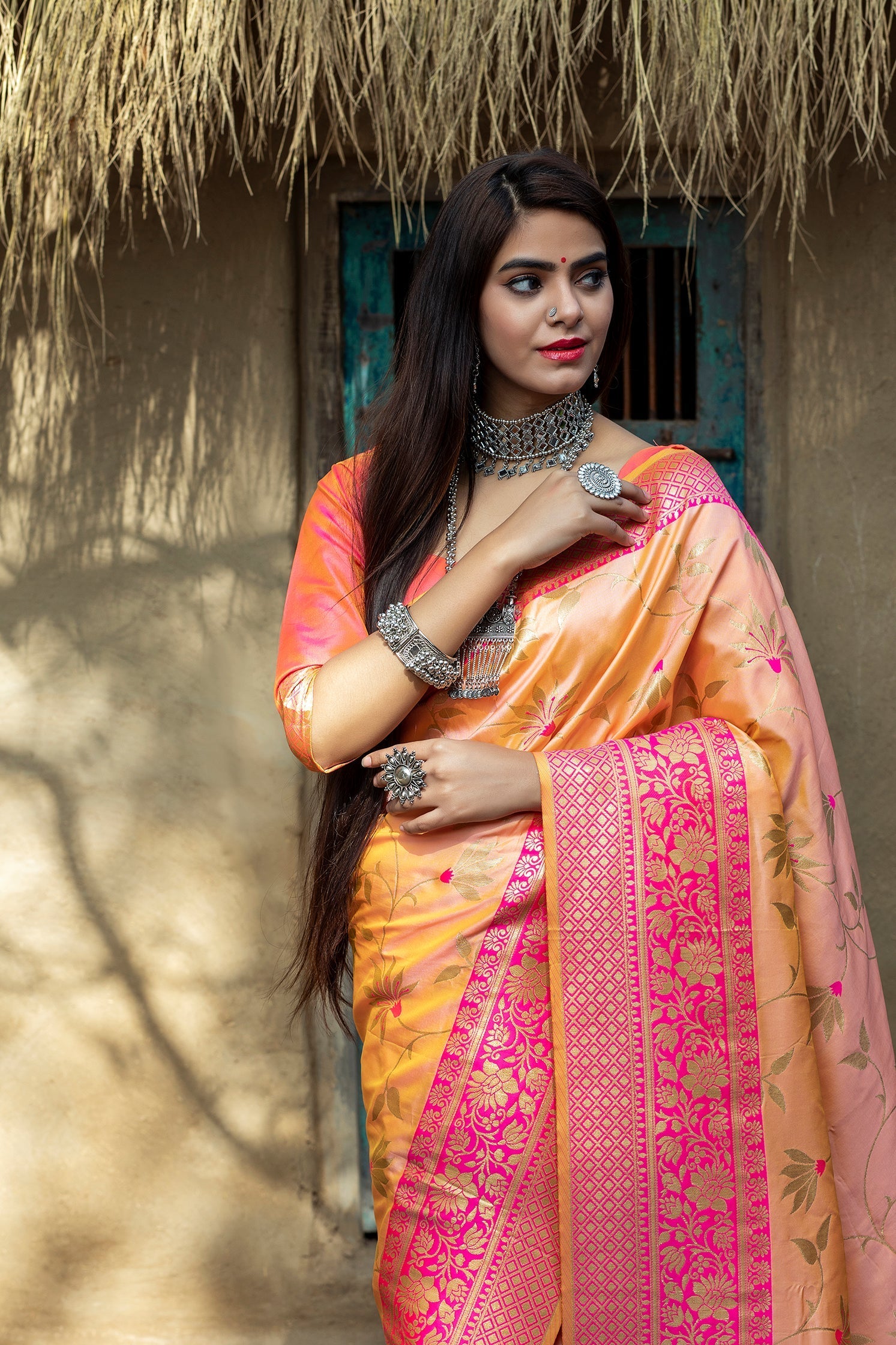 Orange Art Banarasi Silk Saree With Blouse