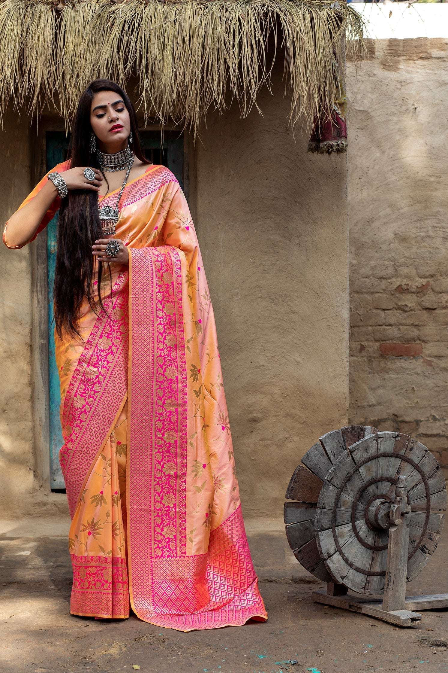 Orange Art Banarasi Silk Saree With Blouse