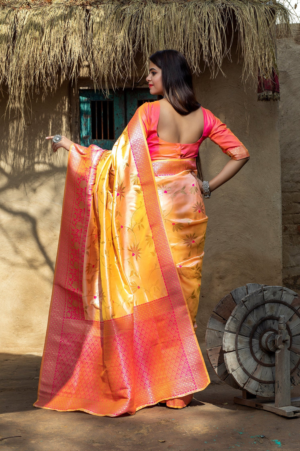 Orange Art Banarasi Silk Saree With Blouse