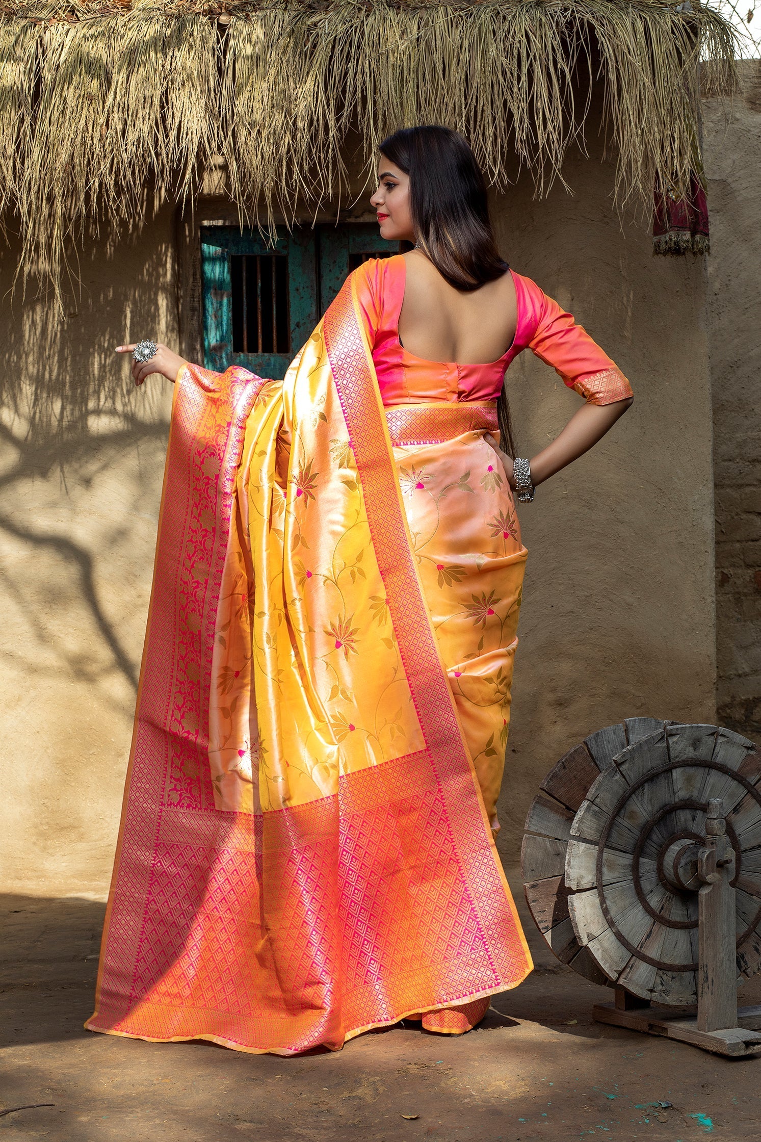 Orange Art Banarasi Silk Saree With Blouse