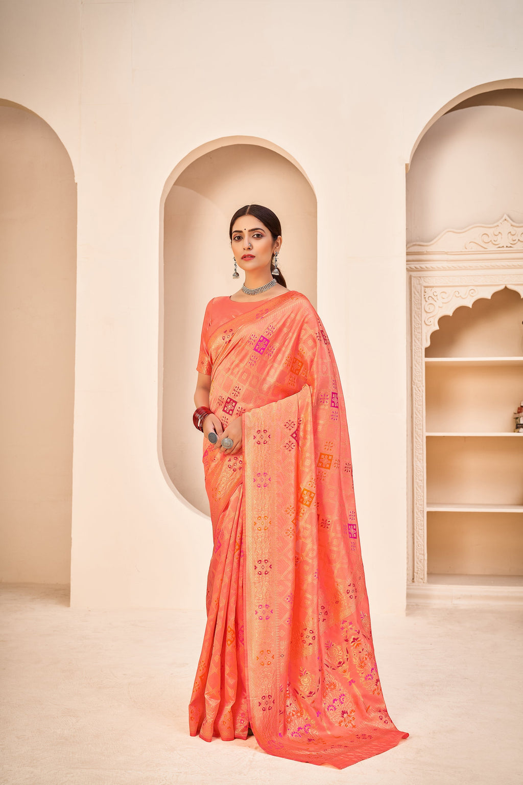 Orange Color Banarasi Silk Base Jewel Neck Blouse Embroidered Saree