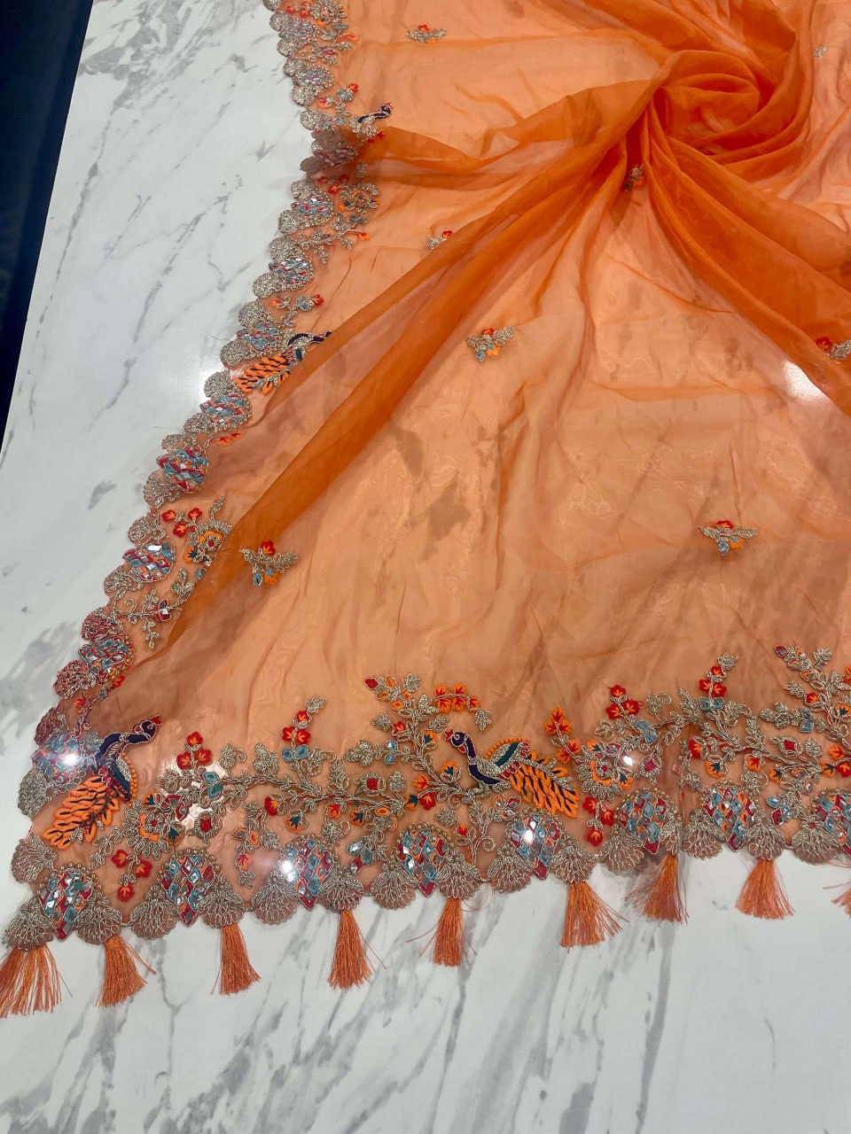 "Orange Elegant Organza Saree with Zari, Dori & Real Mirror Work | Unstitched Bangalori Silk Blouse"