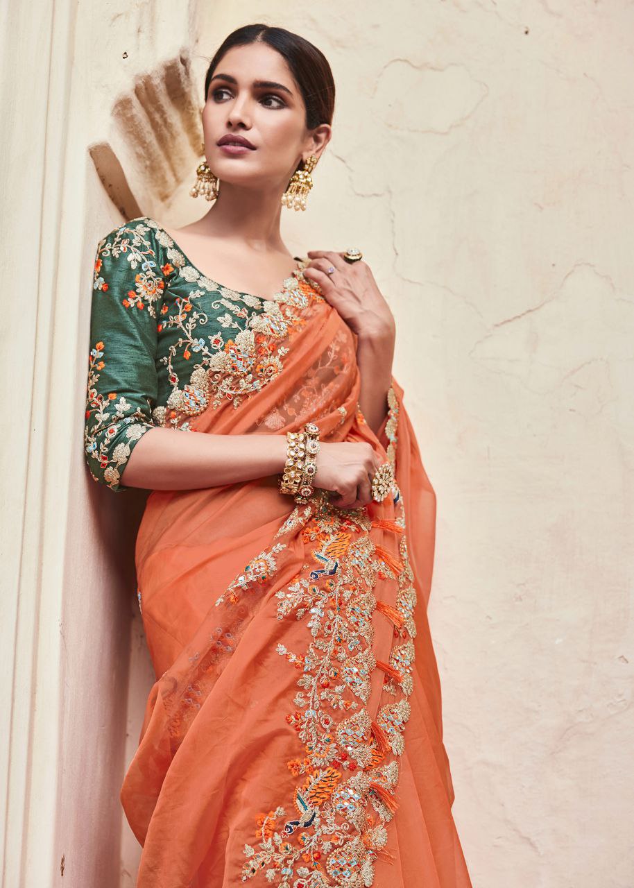 "Orange Elegant Organza Saree with Zari, Dori & Real Mirror Work | Unstitched Bangalori Silk Blouse"