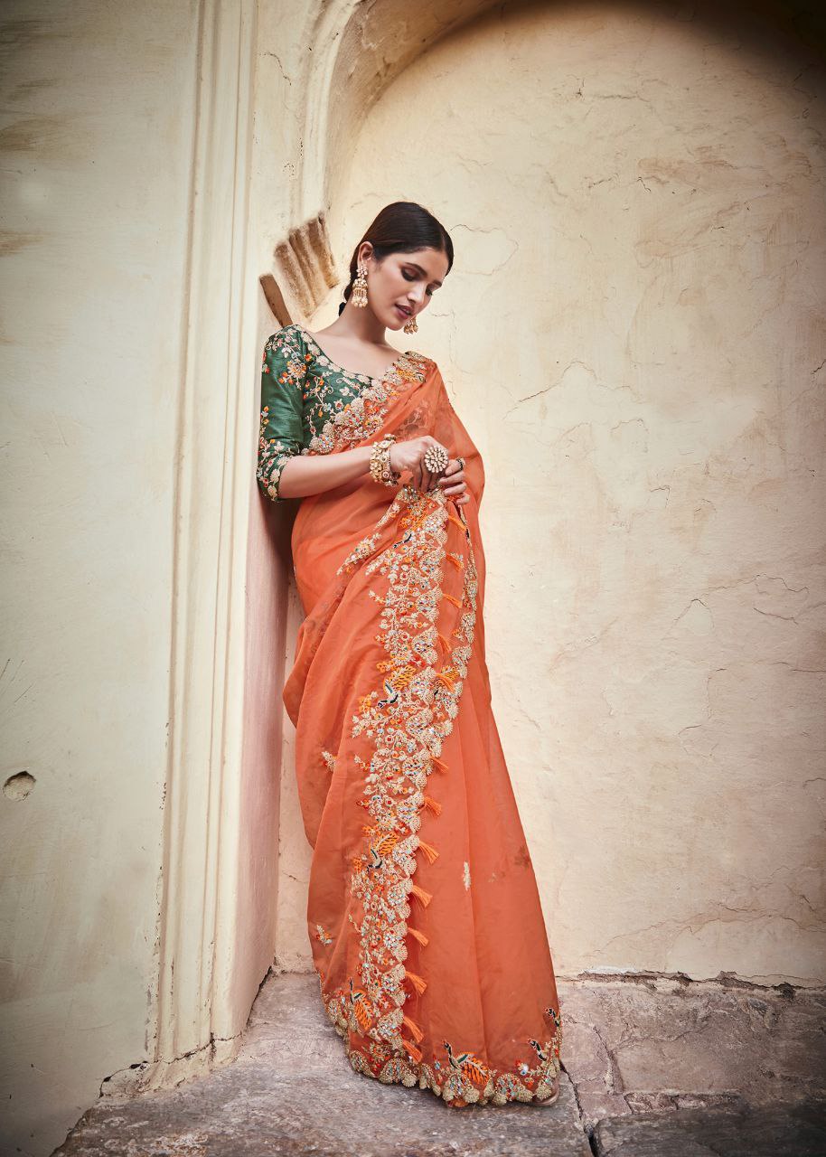 "Orange Elegant Organza Saree with Zari, Dori & Real Mirror Work | Unstitched Bangalori Silk Blouse"