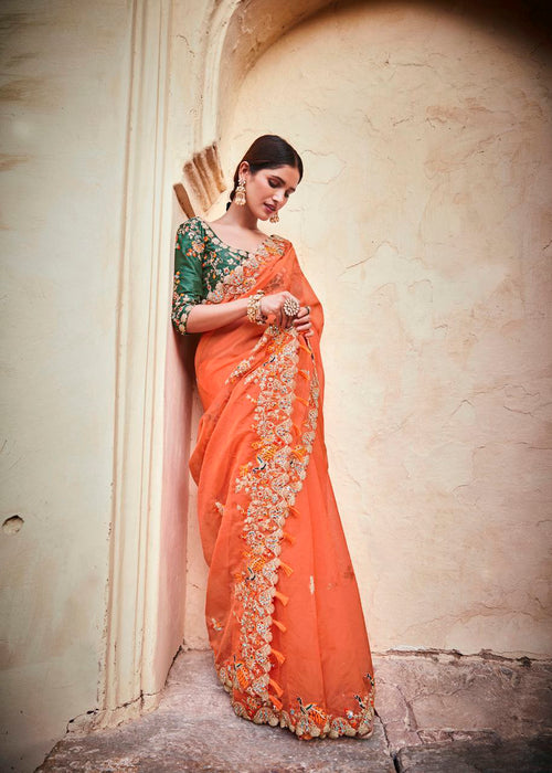 "Orange Elegant Organza Saree with Zari, Dori & Real Mirror Work | Unstitched Bangalori Silk Blouse"