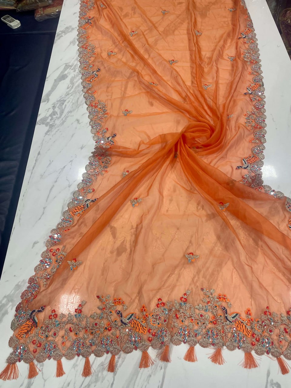 "Orange Elegant Organza Saree with Zari, Dori & Real Mirror Work | Unstitched Bangalori Silk Blouse"