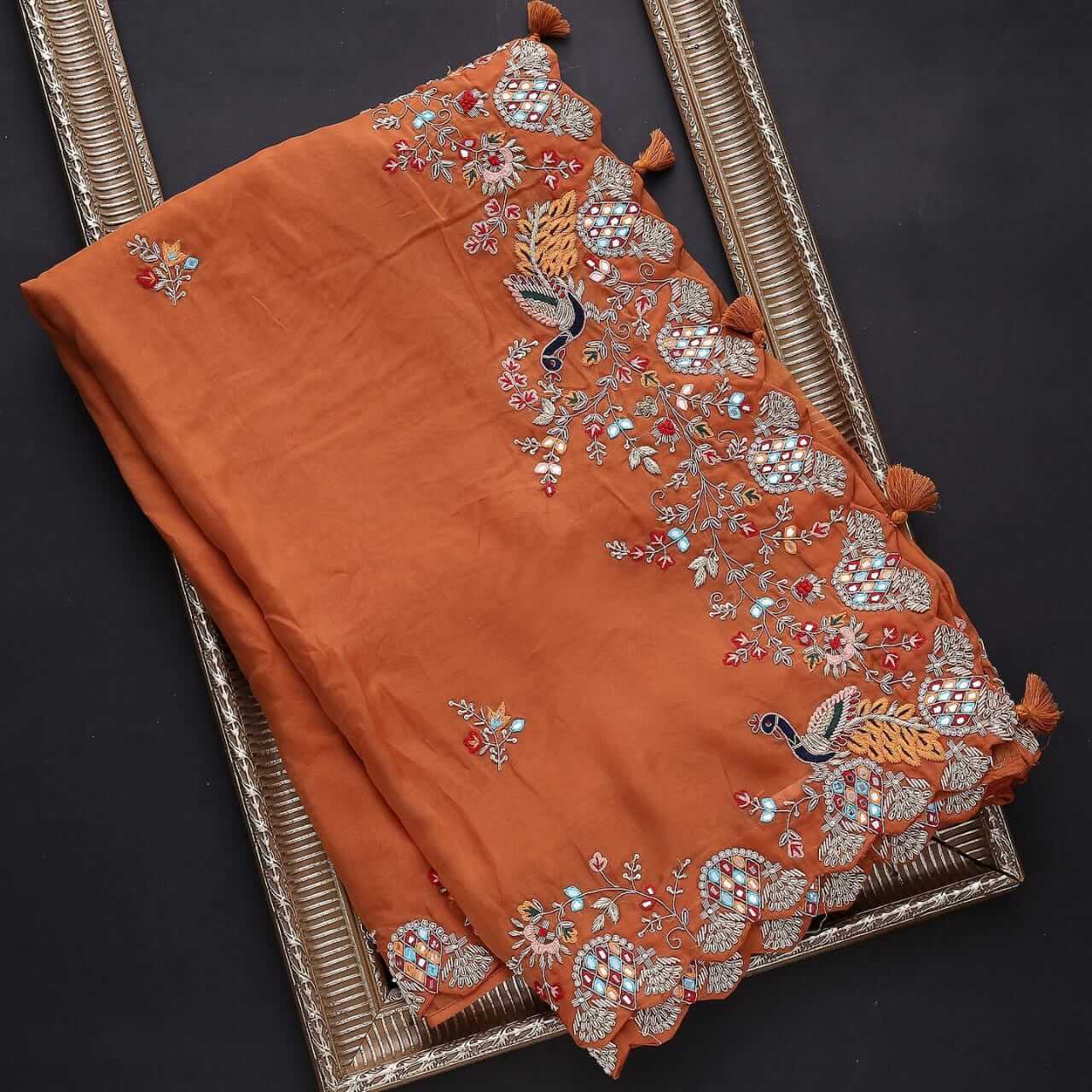 "Orange Elegant Organza Saree with Zari, Dori & Real Mirror Work | Unstitched Bangalori Silk Blouse"