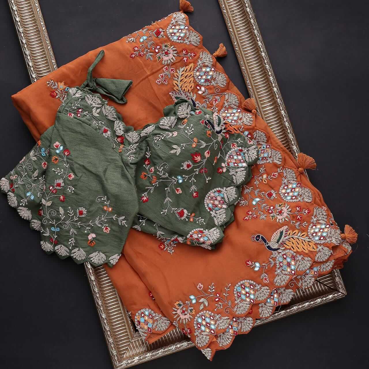 "Orange Elegant Organza Saree with Zari, Dori & Real Mirror Work | Unstitched Bangalori Silk Blouse"