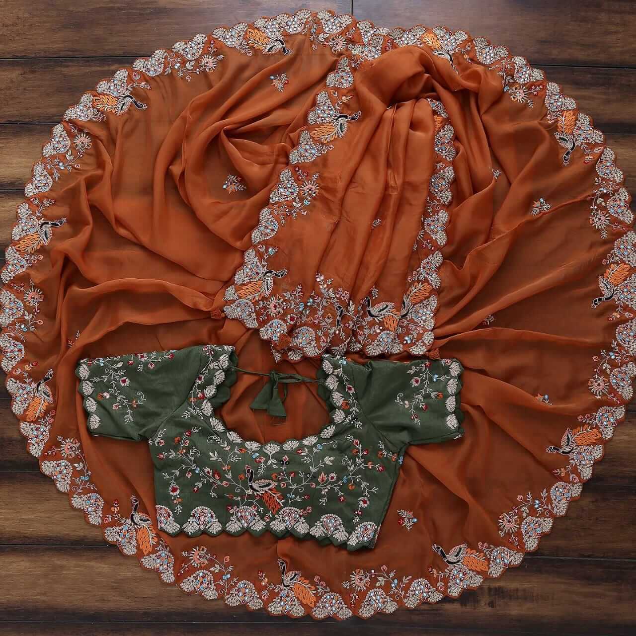 "Orange Elegant Organza Saree with Zari, Dori & Real Mirror Work | Unstitched Bangalori Silk Blouse"