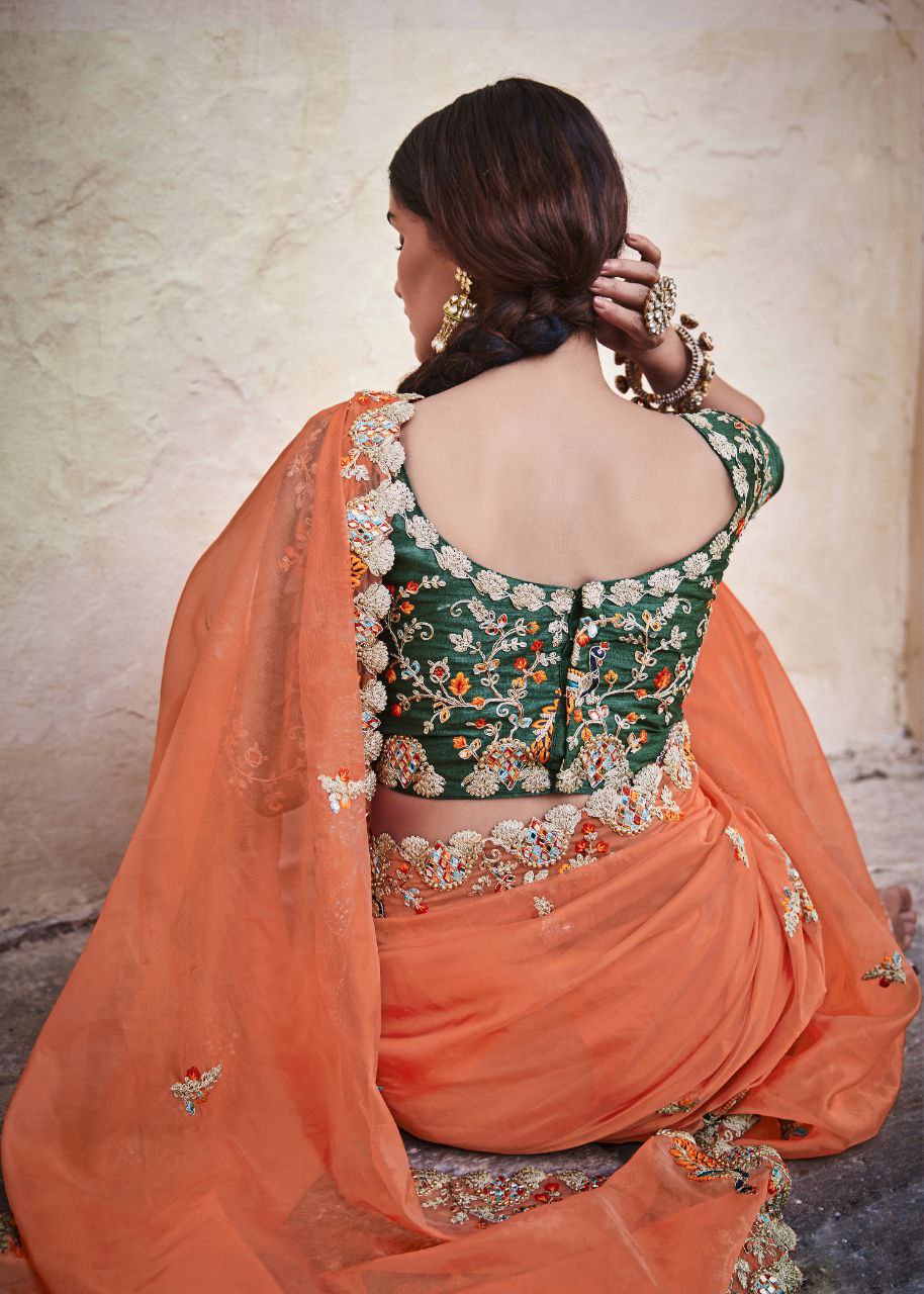 "Orange Elegant Organza Saree with Zari, Dori & Real Mirror Work | Unstitched Bangalori Silk Blouse"