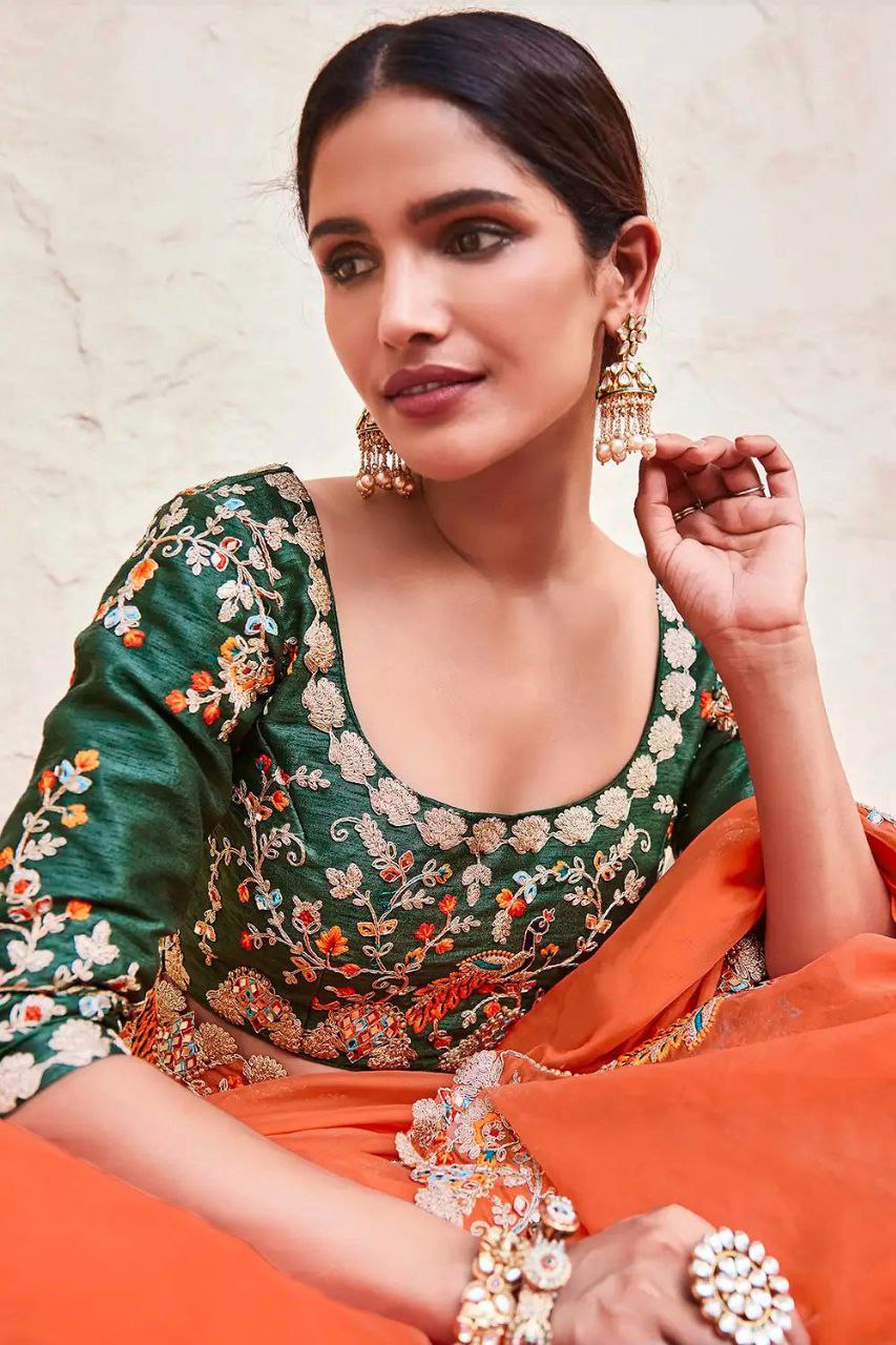 "Orange Elegant Organza Saree with Zari, Dori & Real Mirror Work | Unstitched Bangalori Silk Blouse"