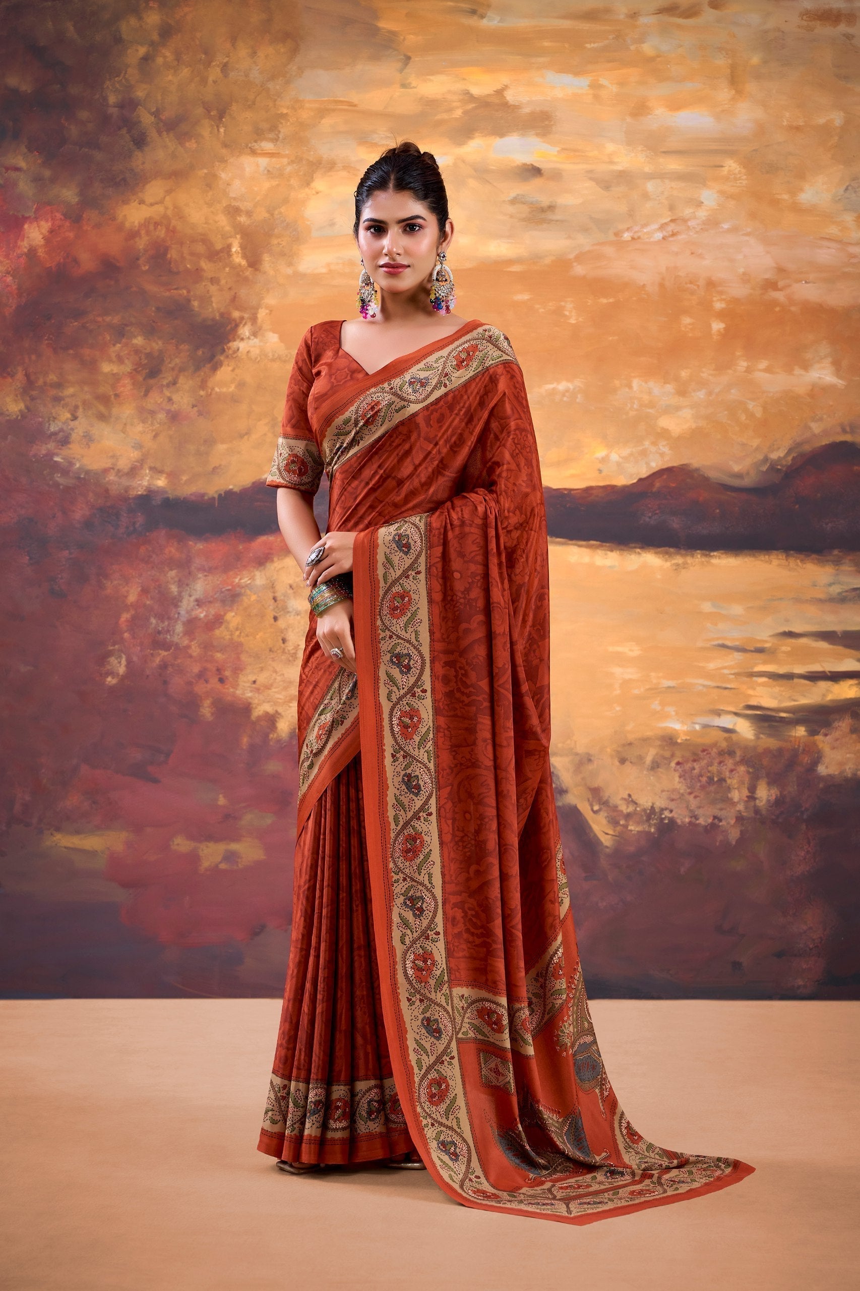 Orange Stylish Printed Crepe Saree with Matching Blouse Piece