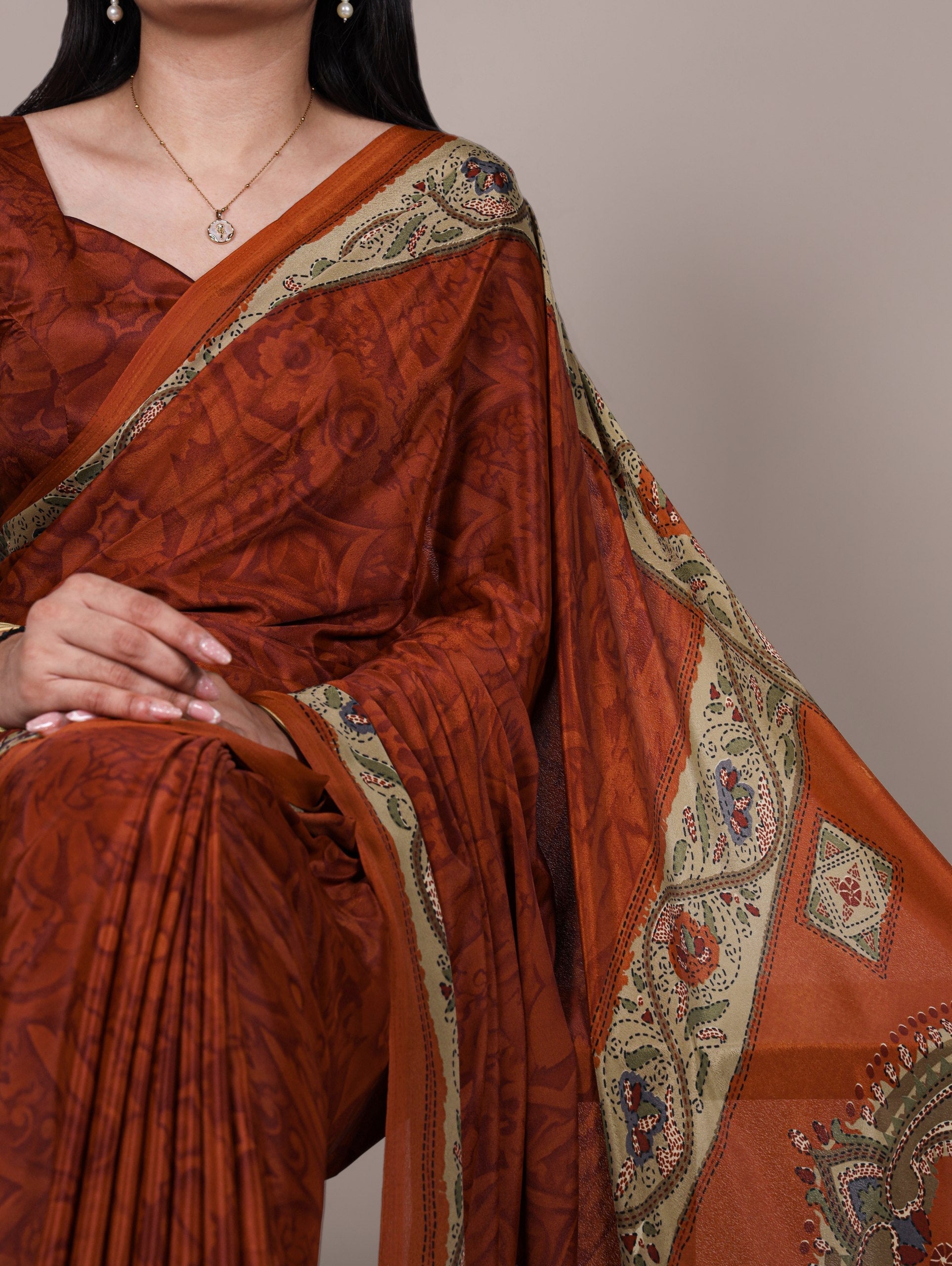 Orange Stylish Printed Crepe Saree with Matching Blouse Piece