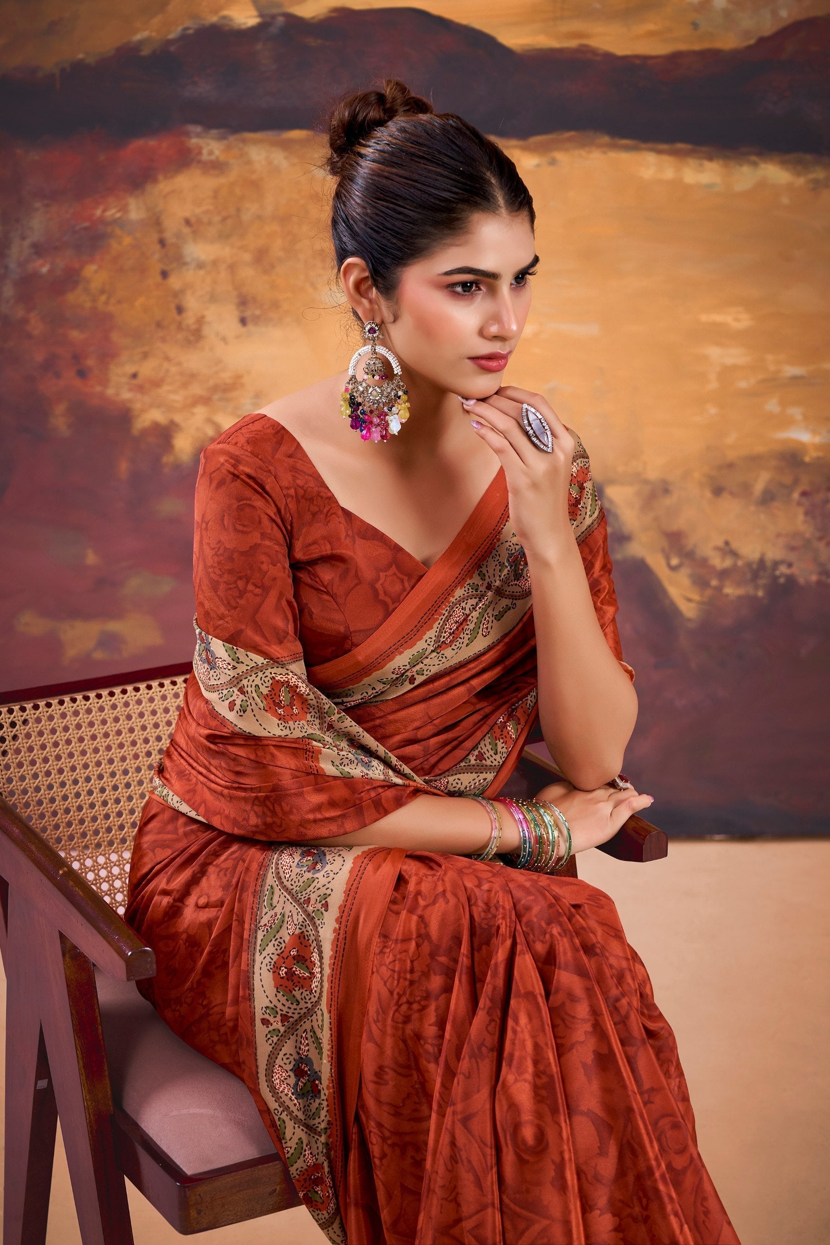 Orange Stylish Printed Crepe Saree with Matching Blouse Piece