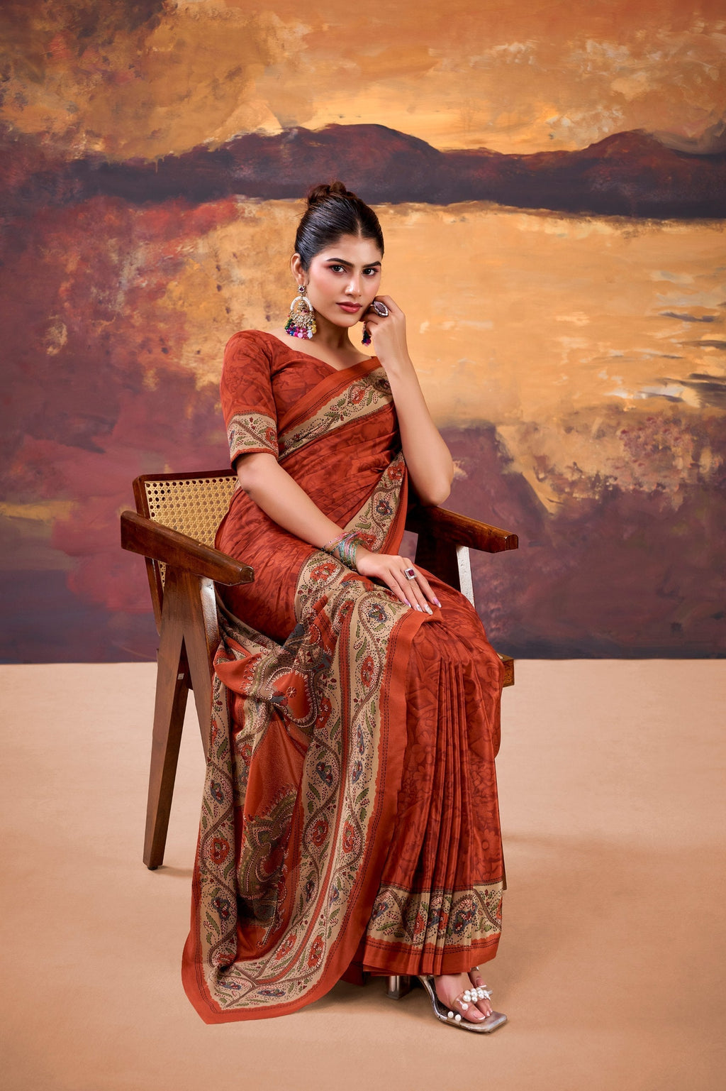 Orange Stylish Printed Crepe Saree with Matching Blouse Piece