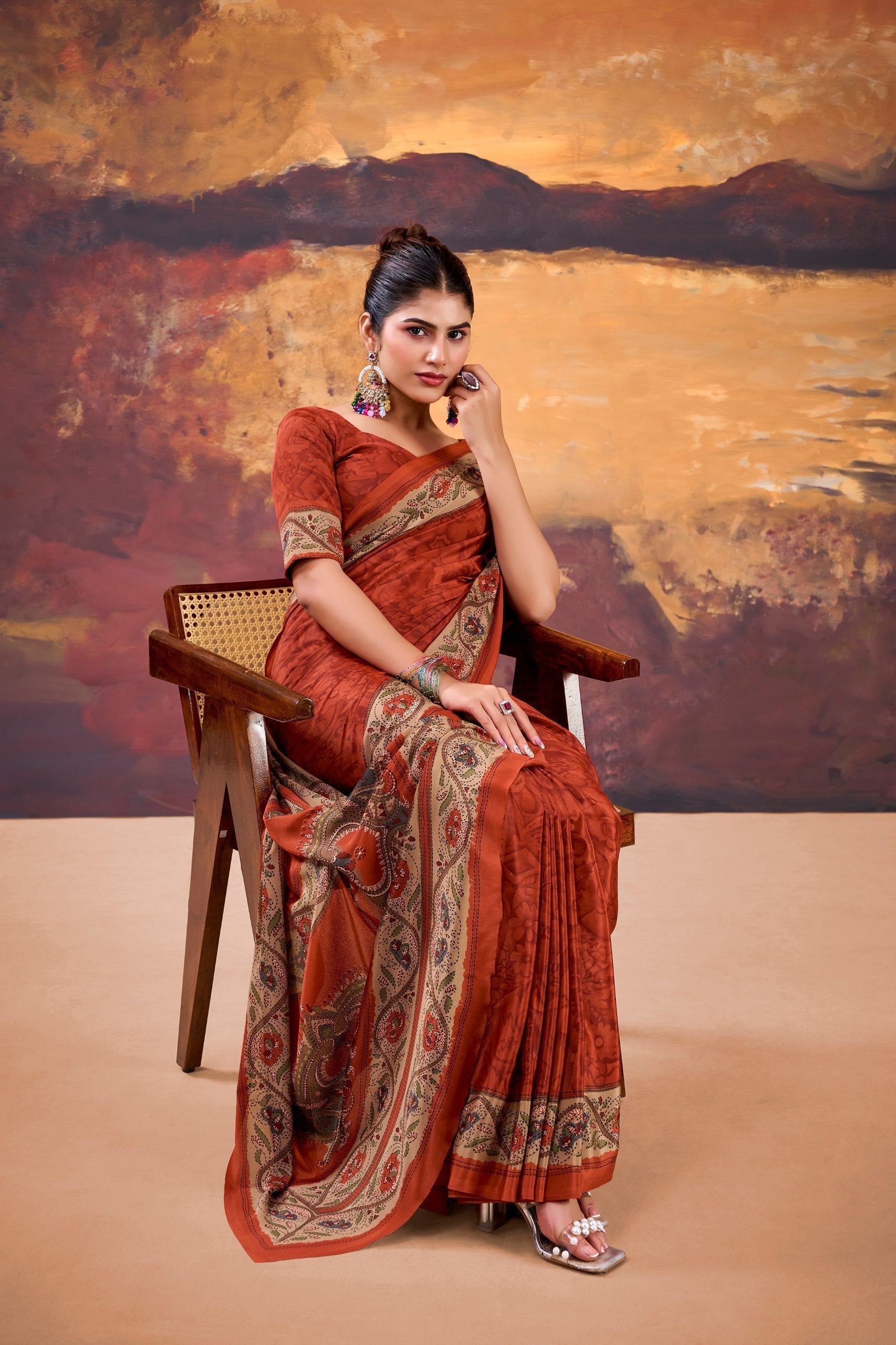 Orange Stylish Printed Crepe Saree with Matching Blouse Piece