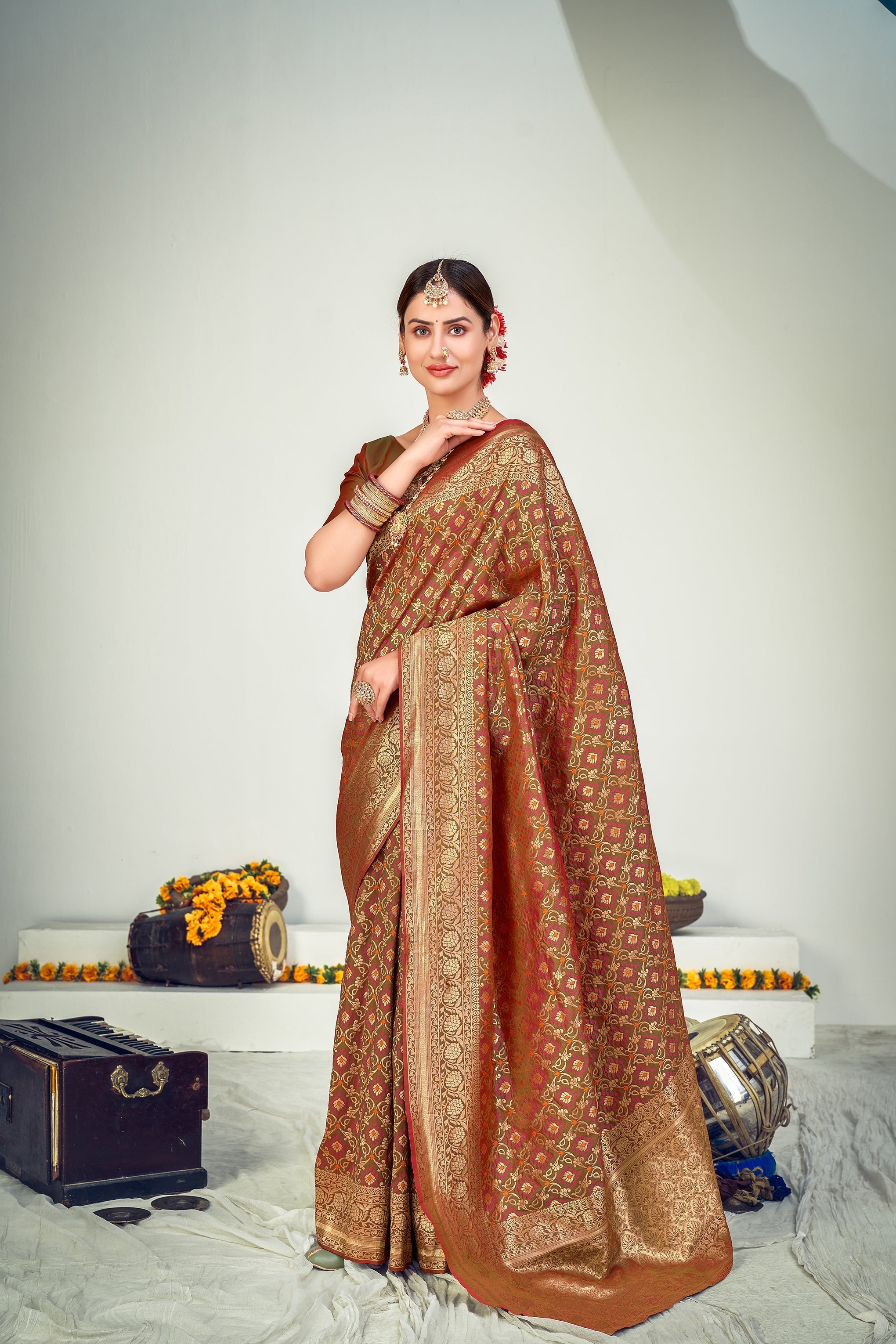 Party Wear Brown Color Art Silk Fabric Designer Weaving Work Saree