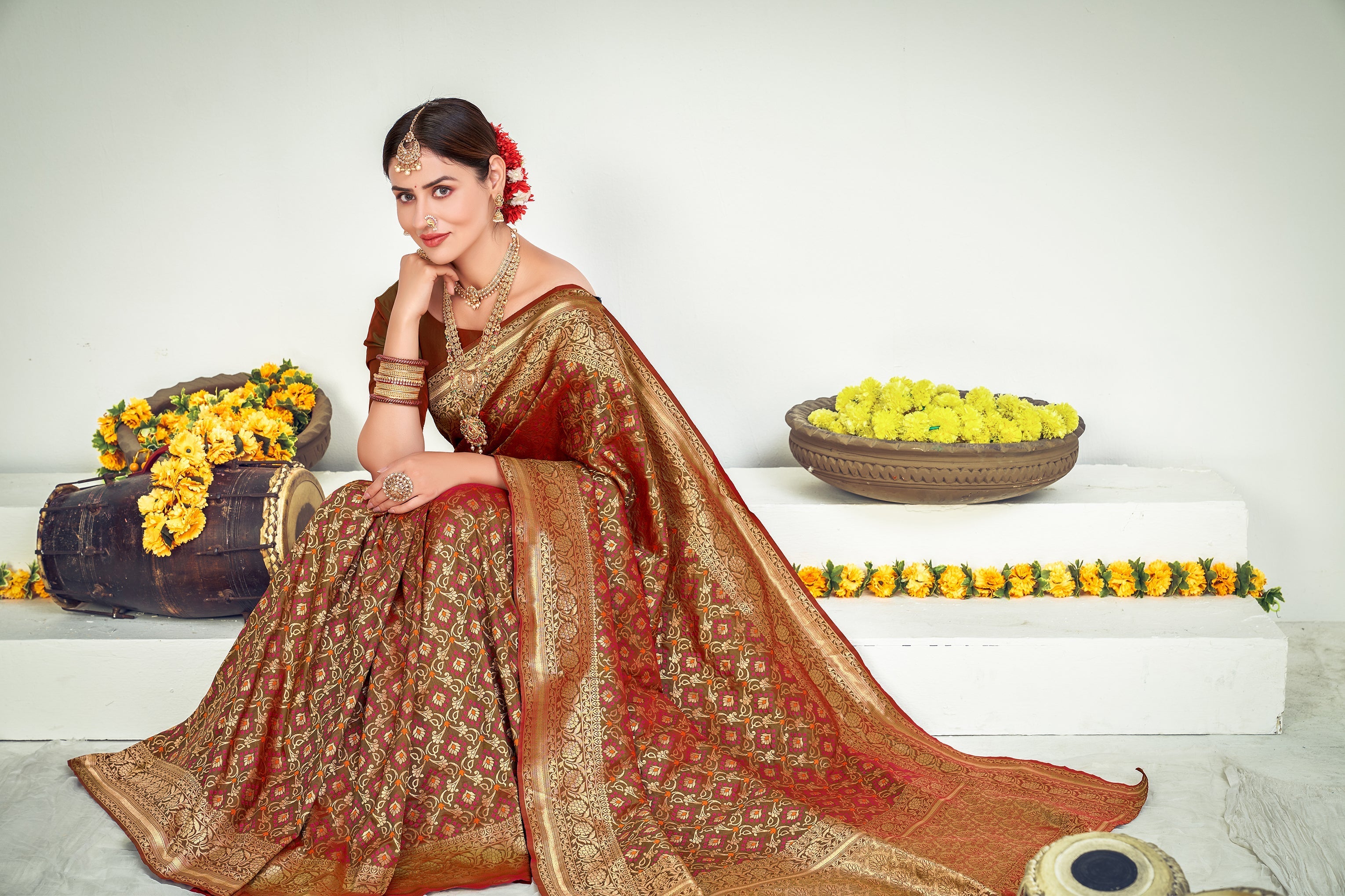 Party Wear Brown Color Art Silk Fabric Designer Weaving Work Saree