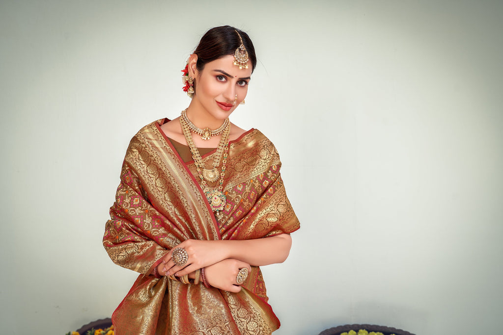 Party Wear Brown Color Art Silk Fabric Designer Weaving Work Saree