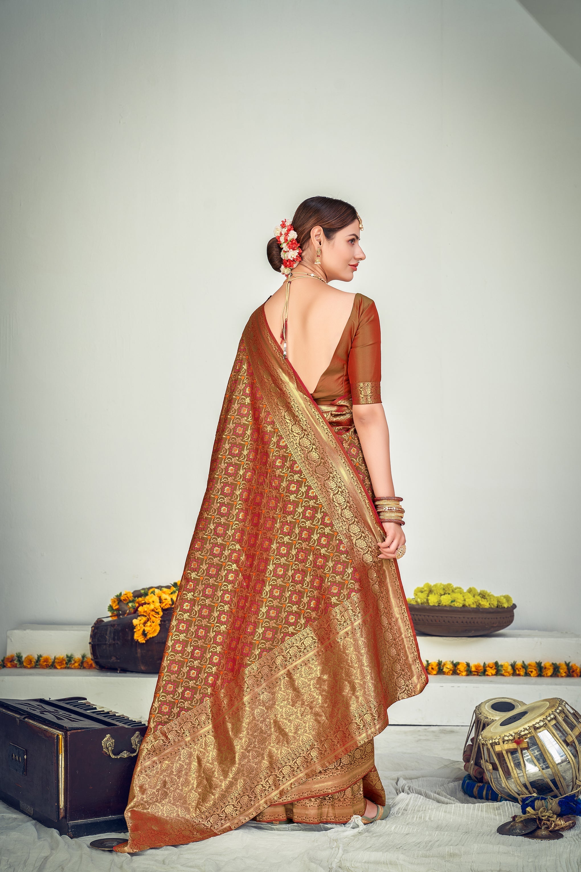 Party Wear Brown Color Art Silk Fabric Designer Weaving Work Saree